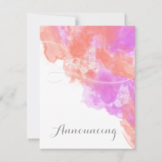 コーラルオーキッドウォーターカラーバタフライ婚約アノウ 案内状 (正面)