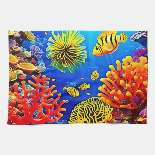 コーラルカラフルリーフデザイン キッチンタオル (横)