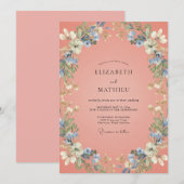 コーラルカラーの華やかな春の結婚式 招待状 (正面/裏面)