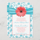 コーラルガーベラデイジーアクアフローラ結婚式招待状 招待状 (正面/裏面)