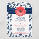 コーラルガーベラデイジーネイビーフローラ結婚式招待状 招待状 (正面/裏面)