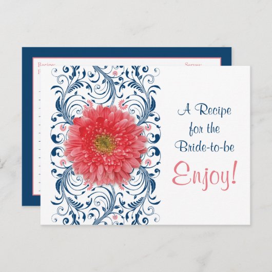 コーラルガーベラデイジーネイビーレシピカードブライダルシャワー ポストカード (正面/裏面)