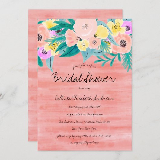 コーラルガーリーイエローフローラ水カラーブライダルシャワー 招待状 (正面/裏面)