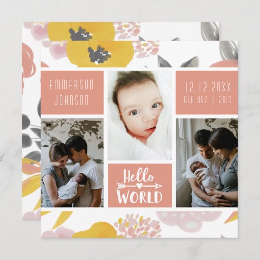 コーラルガーリーフローラはっきりしたフォトコラージュ誕生 案内状 (正面/裏面)