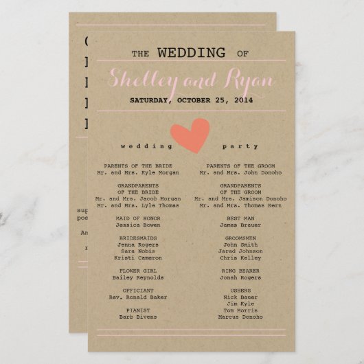 コーラルクラフトシンプルハート結婚式 プログラム (正面/裏面)