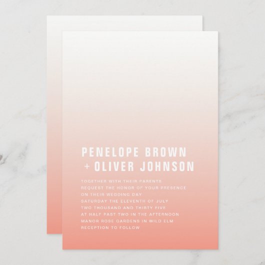 コーラルグラデーション |赤面モダンピンクミニマ結婚リスト 招待状 (正面/裏面)