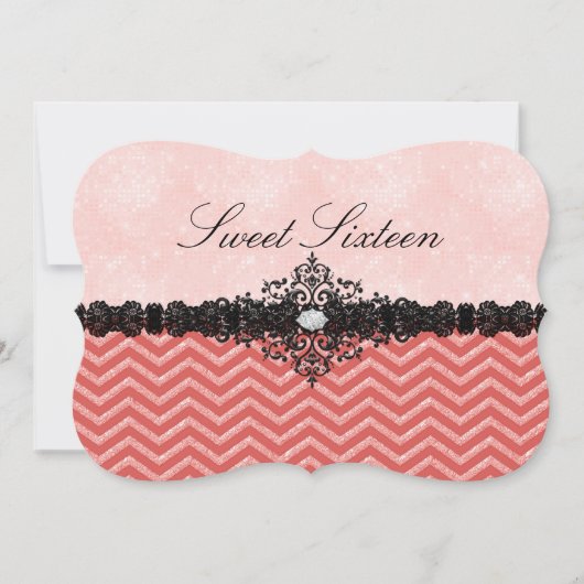 コーラルグリッターシェブロン&ダマスクスウィート16招待状 招待状 (正面)
