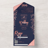 コーラルグリッター紙吹雪ネイビー結婚ブルー オールインワン招待状 (内側)