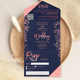 コーラルグリッター紙吹雪ネイビー結婚ブルー オールインワン招待状