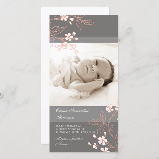 コーラルグレイありがとう赤ちゃんシャワーの写真カード サンキューカード (正面/裏面)