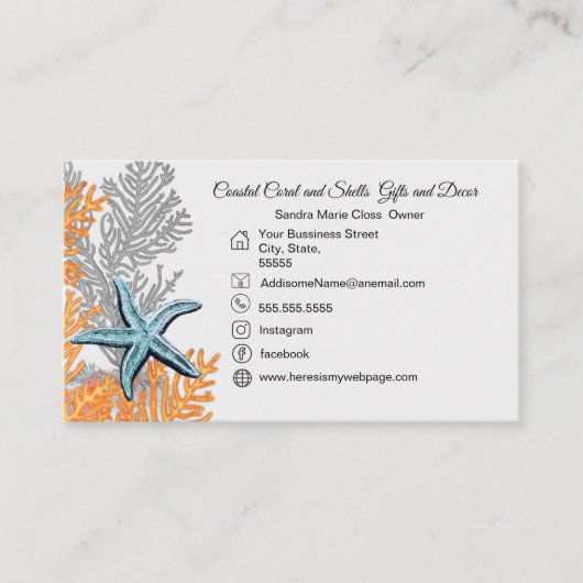 コーラルグレイティール（緑がかった色）ヒトデシンプルィッシュ沿岸 名刺 (正面)
