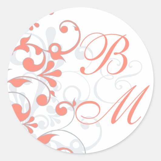 コーラルグレイ白抽象芸術フローラ封筒用シール ラウンドシール (正面)