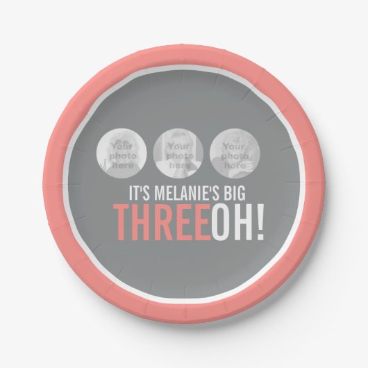 コーラルグレイ30th THREE OH! 3枚の写真の誕生日 ペーパープレート (正面)