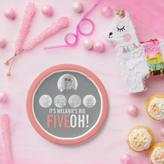 コーラルグレイ50th FIVEOH! 5枚の写真の誕生日 ペーパープレート (パーティー)