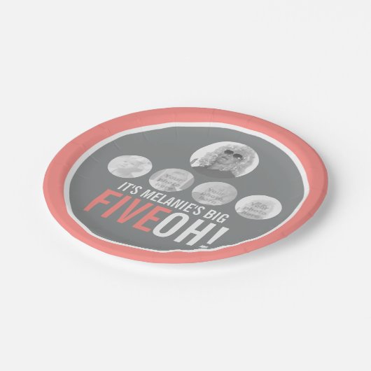 コーラルグレイ50th FIVEOH! 5枚の写真の誕生日 ペーパープレート (アングル)