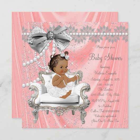 コーラルグレーパールチェアエスニックガールベビーシャワー 招待状 (正面/裏面)