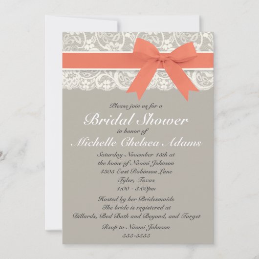 コーラルグレーレースブライダルシャワー招待 招待状 (正面)