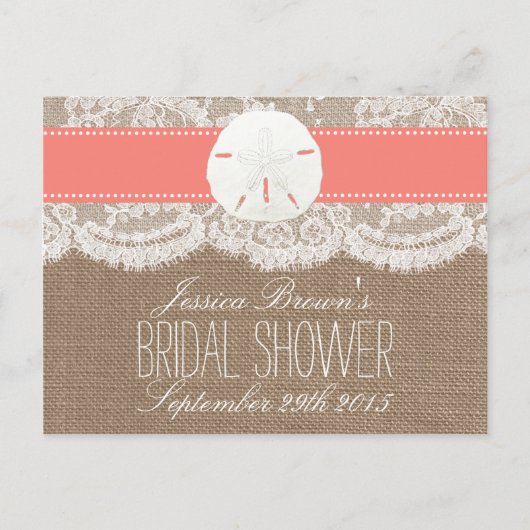 コーラルサンドドルビーチブライダルシャワーレシピカード インビテーションポストカード (正面)