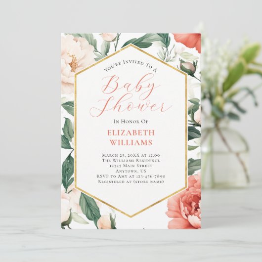 コーラルサーモンアイボリー牡丹ベビーシャワー招待状 招待状 (スタンド正面)