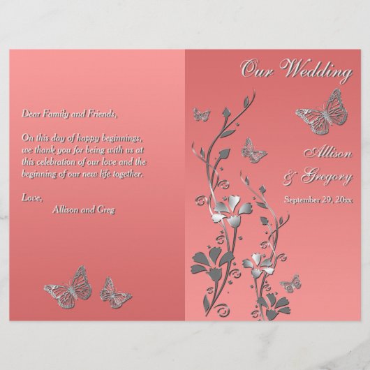 コーラルシルバーグレーバタフライフローラ結婚式 プログラム (正面)