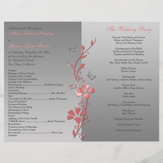 コーラルシルバーグレーバタフライフローラ結婚式 プログラム (裏面)