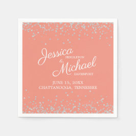 コーラルシルバーホワイトグリッターウェディングレセプション スタンダードカクテルナプキン
