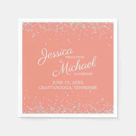 コーラルシルバーホワイトグリッターウェディングレセプション スタンダードカクテルナプキン (正面)