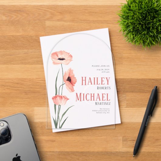 コーラルシンプルフラワーズ結婚アクリル招待状 アクリル招待状 (インサイチュ (招待状))