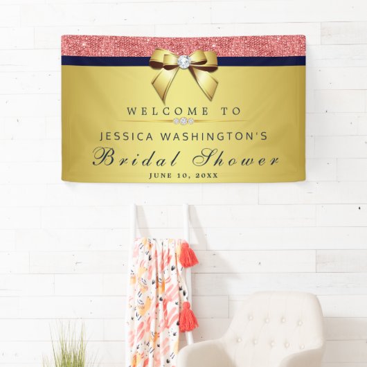 コーラルシークインネイビー金ゴールドダイアモンボウブライダルシャワー 横断幕 (インサイチュ)