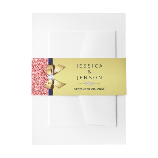 コーラルシークインネイビー金ゴールドボウ結婚ズ 招待状ベリーバンド (正面例)