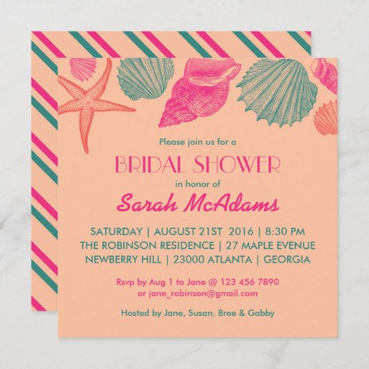 コーラルシーシェル結婚ズのブライダルシャワー招待 招待状 (正面/裏面)