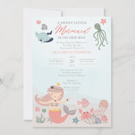 コーラルスイートリトルマーメイドシーガールベビー散水 招待状 (正面)