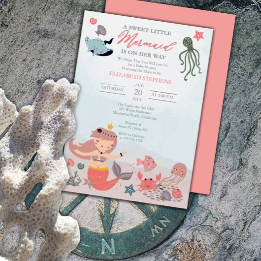 コーラルスウィートリトルマーメイドシーガールベビーシャワー 招待状