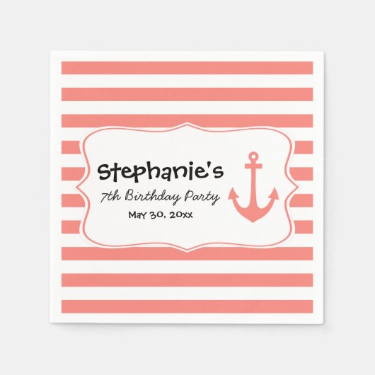 コーラルストライプいかり航海の誕生会 スタンダードカクテルナプキン (正面)