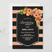 コーラルストライプのフローラ誕生日ディナーパーティー 招待状 (正面)
