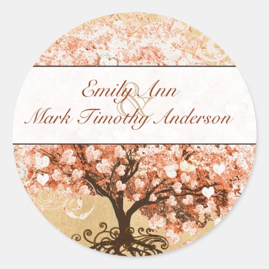 コーラルスワールハートリーフ結婚ツリーのシール ラウンドシール (正面)