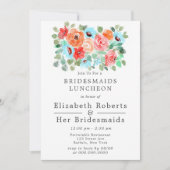 コーラルターコイズペイントフラワーズ ブライズメイドのランチョン 招待状 (正面)