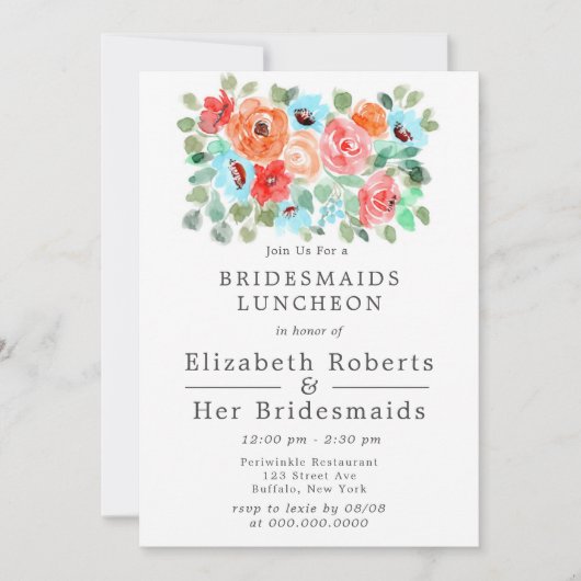コーラルターコイズペイントフラワーズ ブライズメイドのランチョン 招待状 (正面)