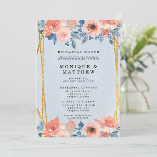コーラルダスティブルー金ゴールド牡丹リハーサルディナー 招待状 (スタンド正面)