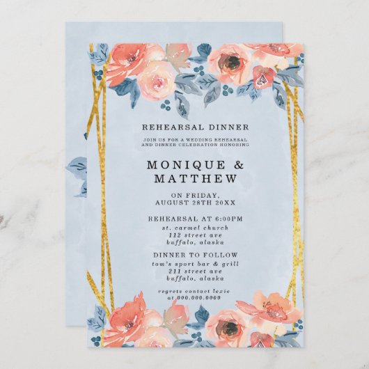 コーラルダスティブルー金ゴールド牡丹リハーサルディナー 招待状 (正面/裏面)