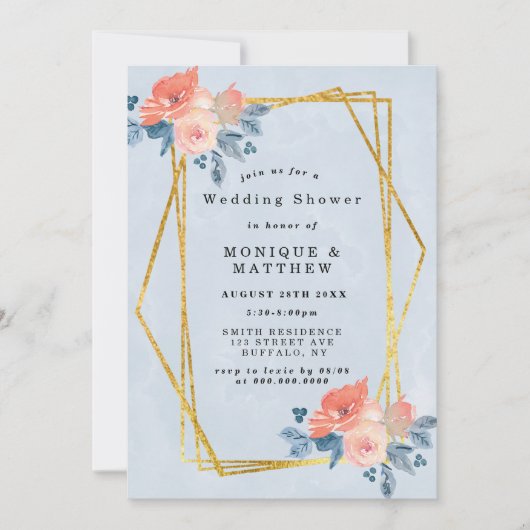 コーラルダスティーブルー金ゴールドフローラウェディングシャワー招待状 (正面)
