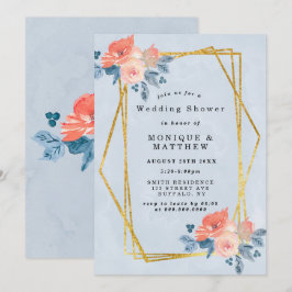 コーラルダスティーブルー金ゴールドフローラウェディングシャワー招待状