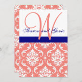 コーラルダマスクネービーモノグラム結婚式招待状 招待状 (正面/裏面)