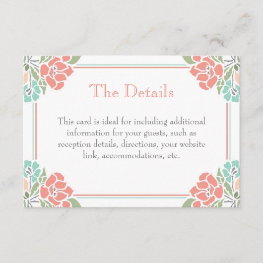 コーラルティール（緑がかった色）グリーンモダンフローラ結婚ズ エンクロージャーカード (正面)
