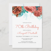 コーラルティール(緑がかった色)ブルーフローラ70thバースデーパーティー 招待状 (正面)