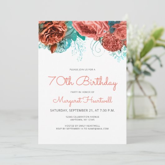 コーラルティール(緑がかった色)ブルーフローラ70thバースデーパーティー 招待状 (スタンド正面)