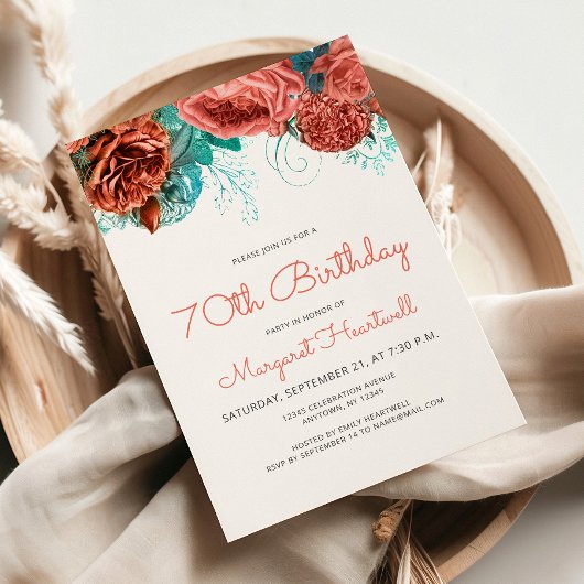 コーラルティール(緑がかった色)ブルーフローラ70thバースデーパーティー 招待状
