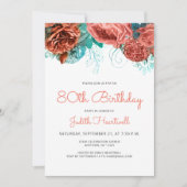 コーラルティール(緑がかった色)ブルーフローラ80thバースデーパーティー 招待状 (正面)