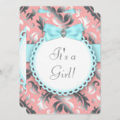 コーラルティール（緑がかった色）ブルー&グレーベビーガールシャワー 招待状 (正面/裏面)