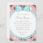 コーラルティール（緑がかった色）ブルー&グレーベビーガールシャワー 招待状 (裏面)